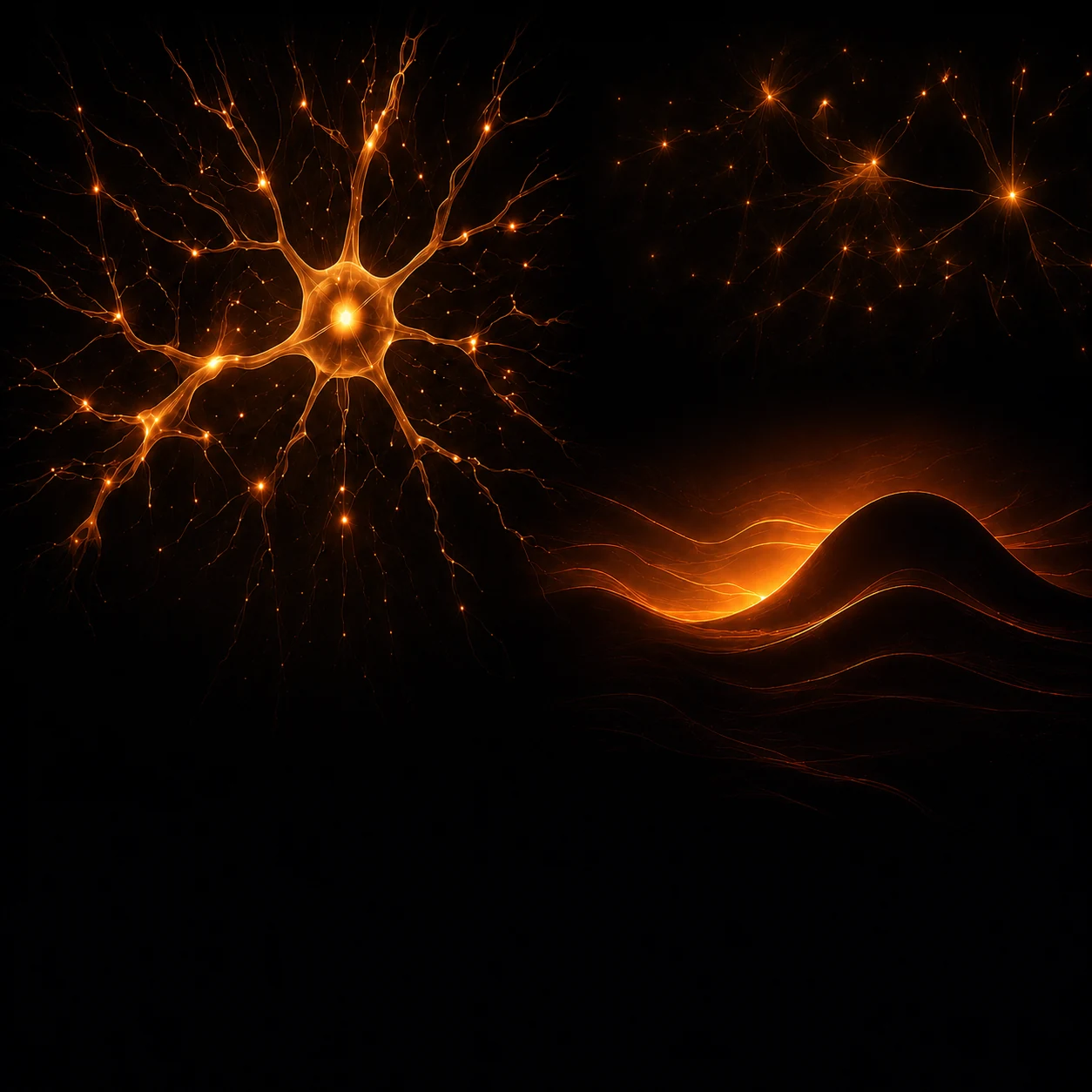 A single neuron rendered in warm light, dendrites branching outward.